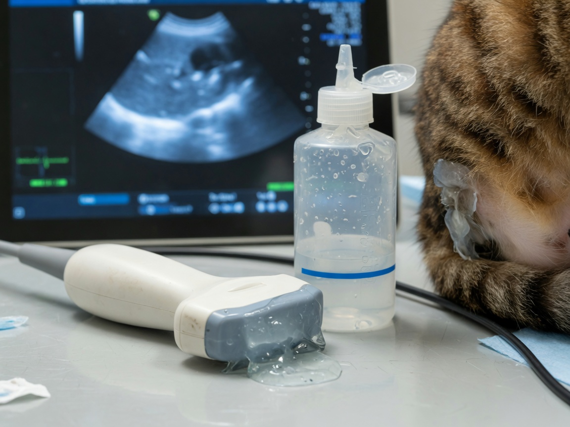 고양이 복부 초음파 프로브와 젤