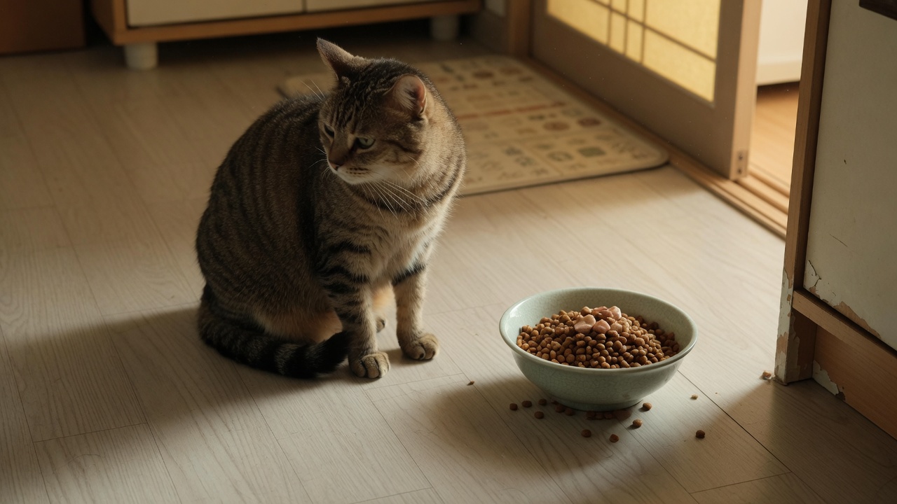 사료 그릇을 앞에 두고 고개를 돌린 고양이, 구내염으로 밥을 잘 못 먹는 장면
