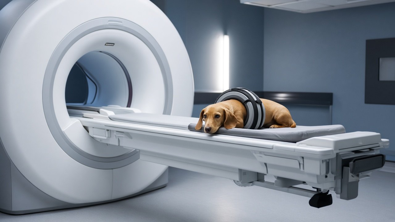 동물병원 MRI 장비 옆의 강아지, 사람 얼굴 없음