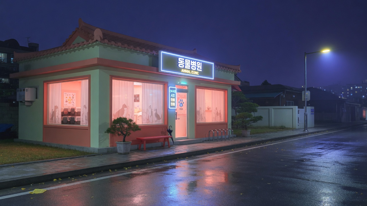 밤에 불이 켜진 동물병원 외관